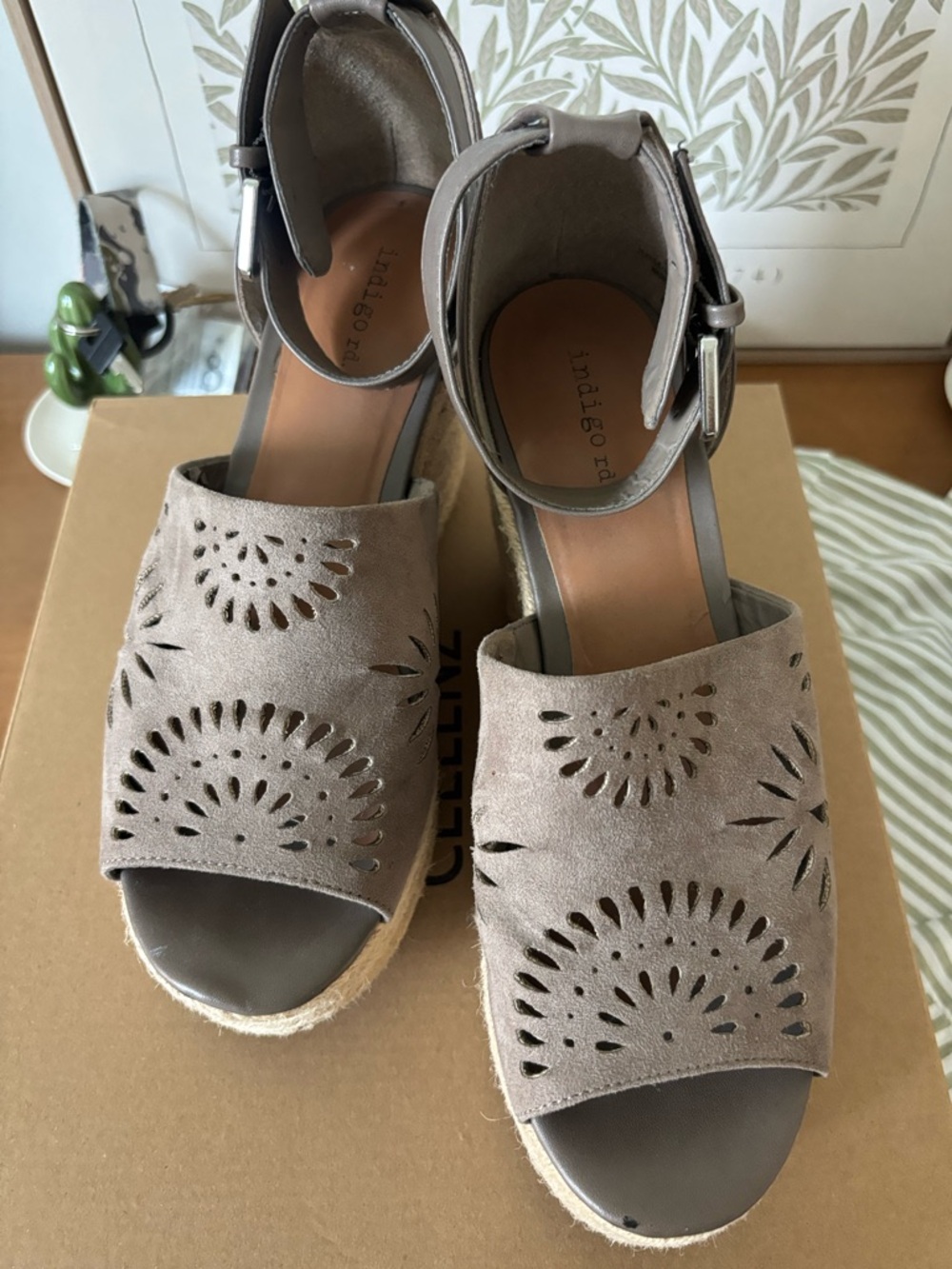 Indigo rd. Taupe Suede Laser-Cut Espadrille Wedges with Ankle Strap